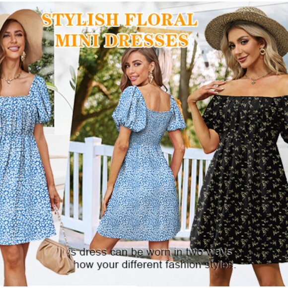 XIEERDUO FASHION Black Ditsy Floral Puff Sleeve Pleated Mini Dress XL NEW - Picture 11 of 11